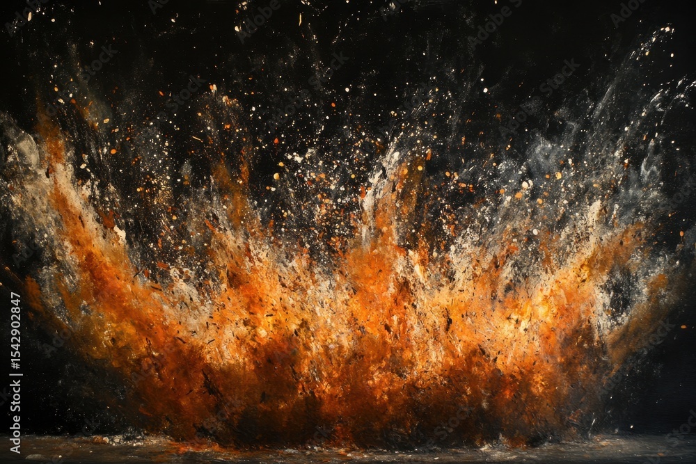 Poster Explosion with intense fire and heat releasing particles in a dramatic display at a dark location, an explosion with a large release of heat, a fire on a black background