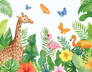 Tropical Jungle Pattern with Exotic Animals and Flowers , Watercolor hand drawn Illustration.backgrounds, canada, no people, paint, rainforest, textile, cheetah, design element, lily, palm tree, art, 