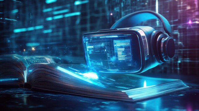 Virtual reality headset poised over open book symbolizing digital learning