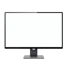 A computer monitor featuring a blank white screen, useful as a placeholder. It is centered on a stand against a white