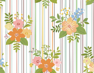 Vector cute cartoon hand drawn illustration. Seamless pattern of pink flowers and leaves on horizontal striped background with heart. Ideal for textile print, baby clothes, wallpaper, border, cosy, 