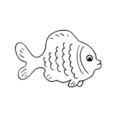 Cute cartoon fish in black outline style. Simple hand drawn marine animal, ideal for kids coloring pages, stickers, educational materials, or ocean-themed designs.