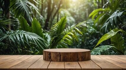 Wooden stump display platform in a lush green forest setting.