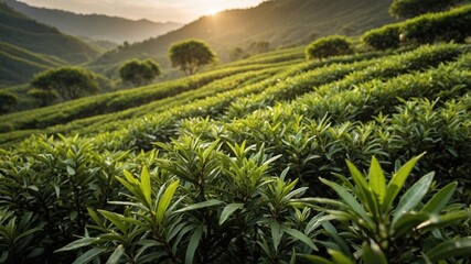 Lush tea bushes in a hillside plantation at sunrise.