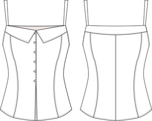 sleeveless strappy strapped spaghetti straps square neck princess darted tailored buttoned fit blouse top shirt template technical drawing flat sketch cad mockup fashion woman design style model 
