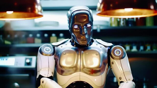 Advanced robot chef skillfully prepares gourmet meals in a modern kitchen setup