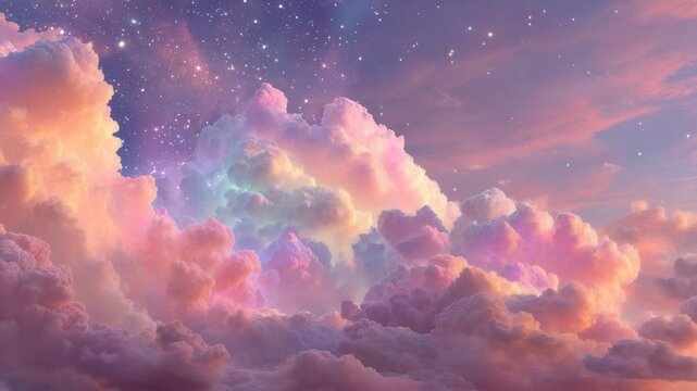 Pastel sky with fluffy and colorful clouds, sparkling stars in dreamy magical atmosphere of soft purple and pink hues at sunset or sunrise