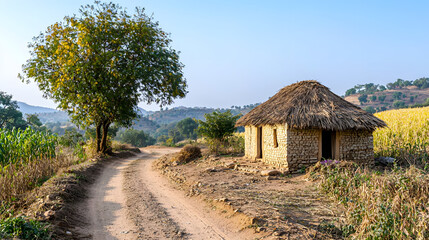 street in indian village. Old hut at a rural village . Rajasthan