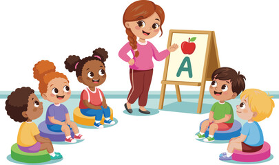 Preschool children learning alphabet with happy teacher in a vibrant classroom setting, educational concept for early childhood development.