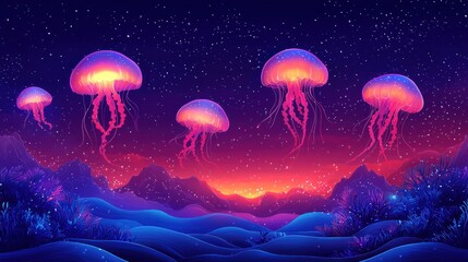 Colorful jellyfish over a vibrant landscape at twilight.