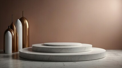 Three tiered circular marble podium with decorative vases.