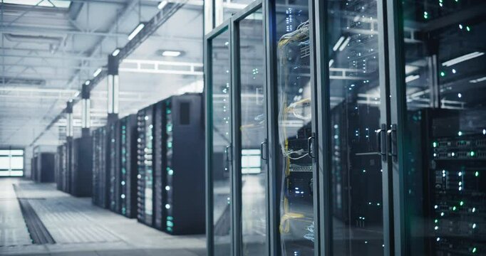 Data Center Storage Facility with Server Cabinets in an Automated Workplace Without People. Supercomputer Cluster Built for Training Artificial Intelligence Large Language Models and Compute Data - Powered by Adobe