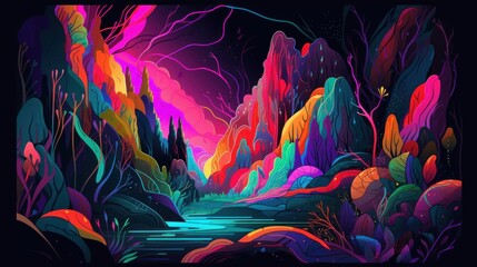 Obraz premium Vibrant landscape with stylized trees and mountains.