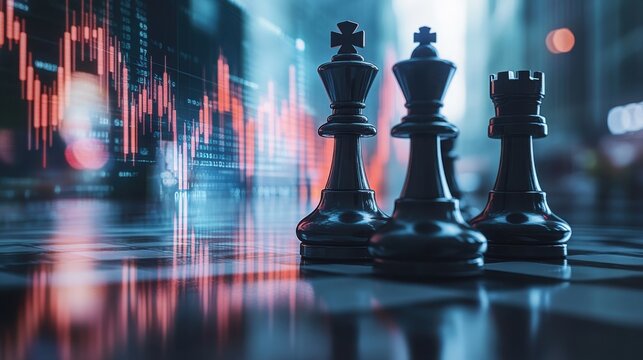 Chess pieces on a board with a digital stock market graph overlay, symbolizing strategy and financial decision-making in a modern business context.