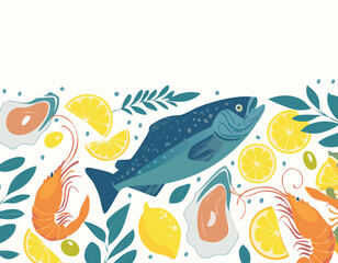 Horizontal vector pattern of seafood shrimps, oysters, lobster, lemons and olives. Mediterranean Dolce Vita style vintage illustrations for food, suitable for restaurant and marine cafe .butterfly, 