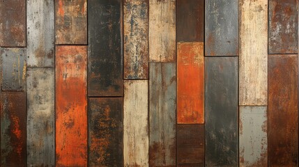 Close up of a wall made of rectangular wooden blocks in various shades of brown and gray with orange