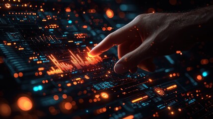 A hand interacts with a glowing digital interface.