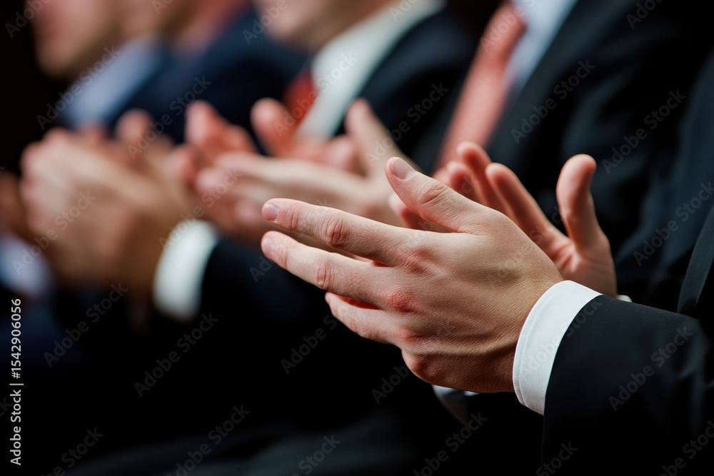 Poster manager strategist presents business report while audience shows appreciation through applause, mana