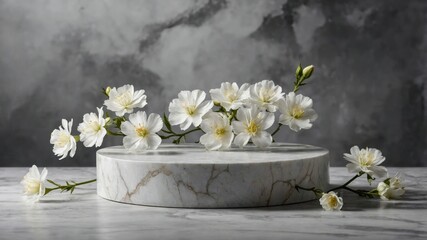 Delicate white blossoms arranged on a marble pedestal.