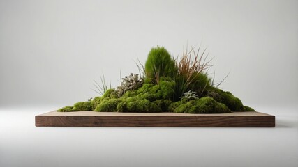 A miniature landscape arrangement on a wooden base.