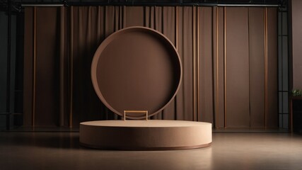 Empty podium with a large circle backdrop in a sophisticated interior.