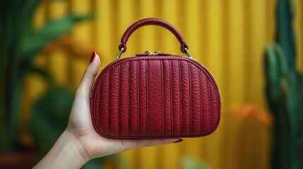 A small, maroon leather handbag held in a hand.