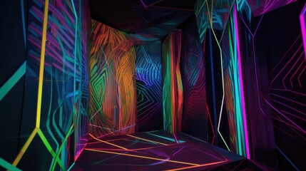 Abstract interior space with vibrant neon lines.