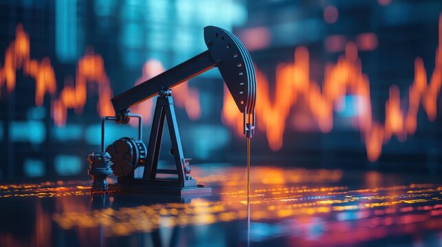 A miniature oil pumpjack on a digital financial chart background, symbolizing oil market trends and energy industry investments.