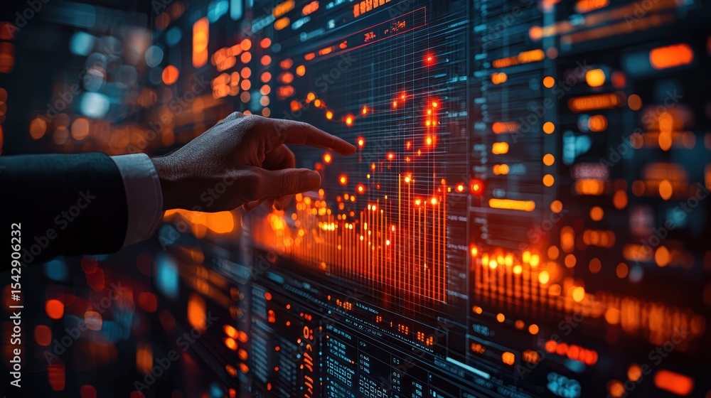 Wall mural person interacts with a digital display showing financial data.