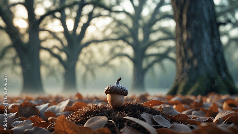 Poster acorn resting on forest floor surrounded by autumn leaves and trees
