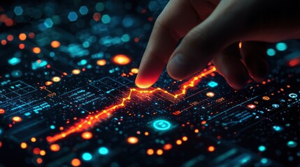 A hand interacts with a glowing digital display showing a data graph.