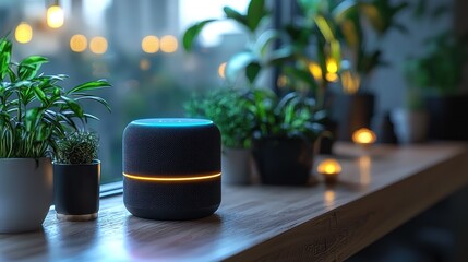 Smart speaker on a wooden windowsill with plants.