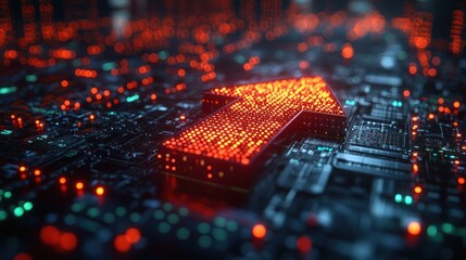Illuminated upward arrow on a circuit board.
