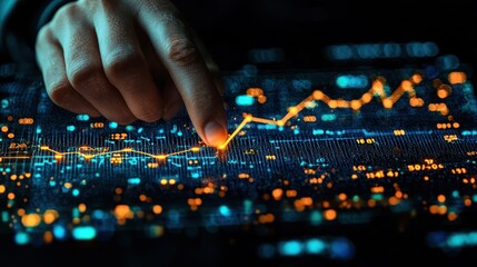A hand points to a glowing line graph on a digital display.