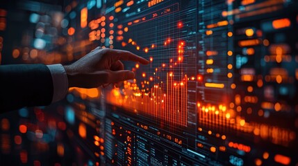 Person interacts with a digital display showing financial data.