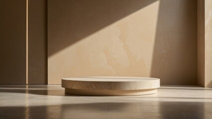 Round, light beige platform in a neutral room.