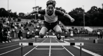 Young boy jumping over hurdles during track event at stadium