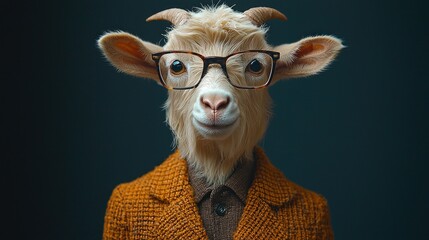 A goat in a stylish, warm-toned sweater, wearing spectacles.
