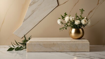 Beige marble podium with white flowers in a gold vase.