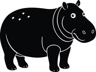 Cartoon hippo standing, depicted in simple black and white silhouette style