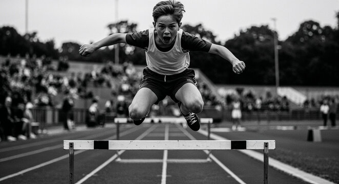 Young boy jumping over hurdles during track event at stadium  