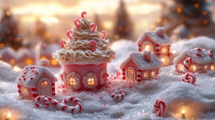 Festive miniature houses decorated with candy canes, nestled in snowy landscape.