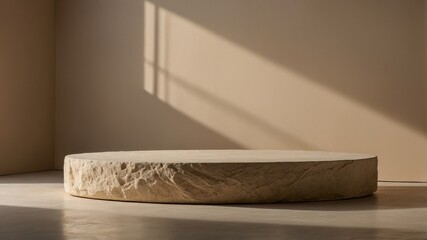 Round stone pedestal against a beige backdrop.