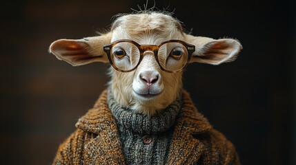 A goat wearing glasses and a stylish coat.