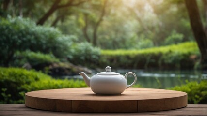 White tea pot on a wooden table in a garden setting.