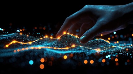 A hand interacts with a digital landscape of glowing particles.