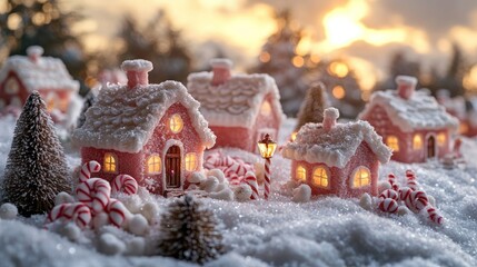 Pink gingerbread houses nestled in a snowy winter scene.