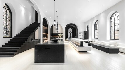 Modern kitchen and staircase in a converted church.