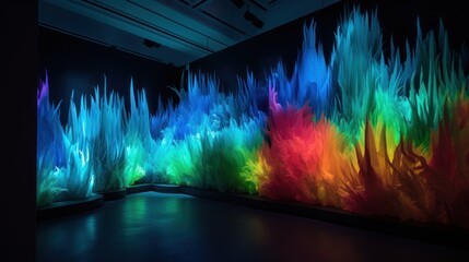 Colorful crystalline formations in an art exhibit.
