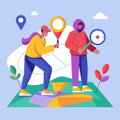 Two Adventurers Exploring with Map and Compass, Flat Design Illustration